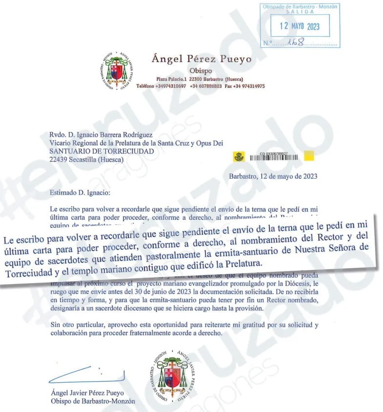 Carta del obispo Pérez Pueyo pidiendo al Opus Dei una terna para elegir rector de Torreciudad
