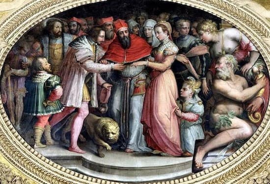 Clemente VII casando a Enrique II y Catalina de Médici, en un fresco de Giorgio Vasari en el Palazzo Vecchio de Florencia.