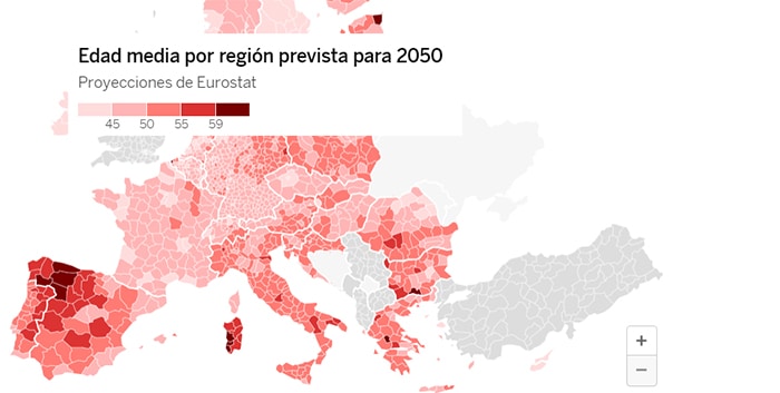 Regiones más envejecidas de Europa, proyecciones Eurostat para 2050