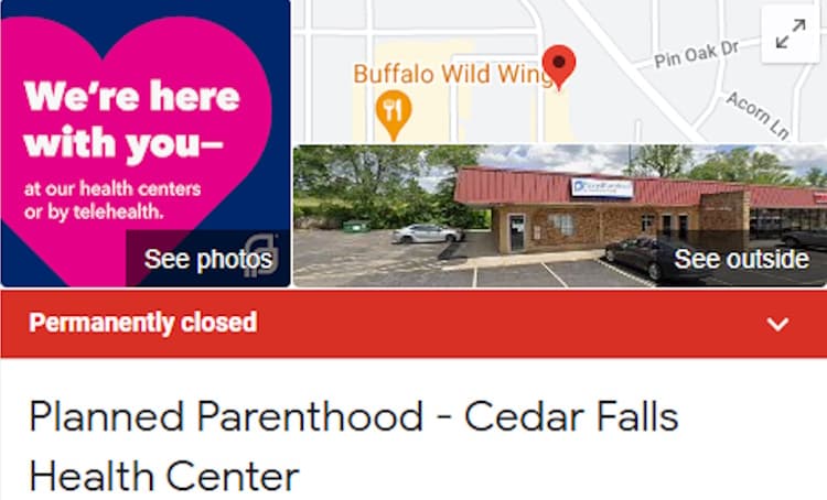 La clínica de Planned Parenthood Cedar Falls, cerrada. 