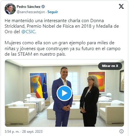 Pedro Sánchez presume de hablar con la Nobel de Física Donna Strickland