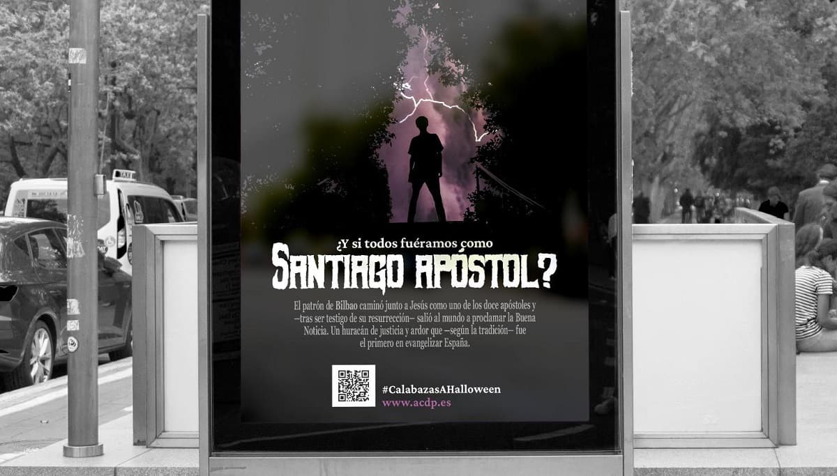 Cartel sobre Santiago Apóstol en Bilbao, de la ACdP, en el marco del Día de Todos los Santos