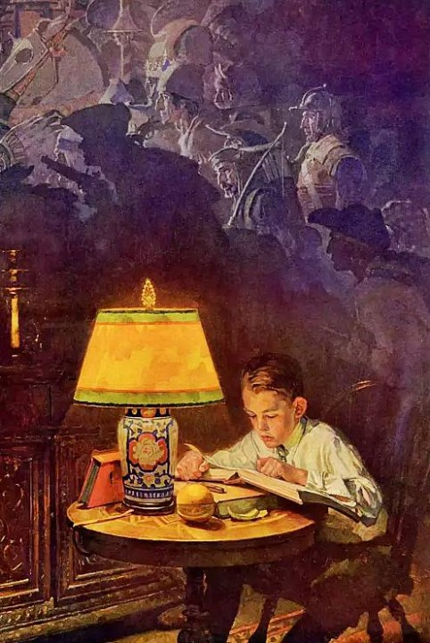 Ilustración de Norman Rockwell (1894-1978) que muestra un niño leyendo un libro de aventuras y todo lo que crea y recrea su imaginación haciéndolo.