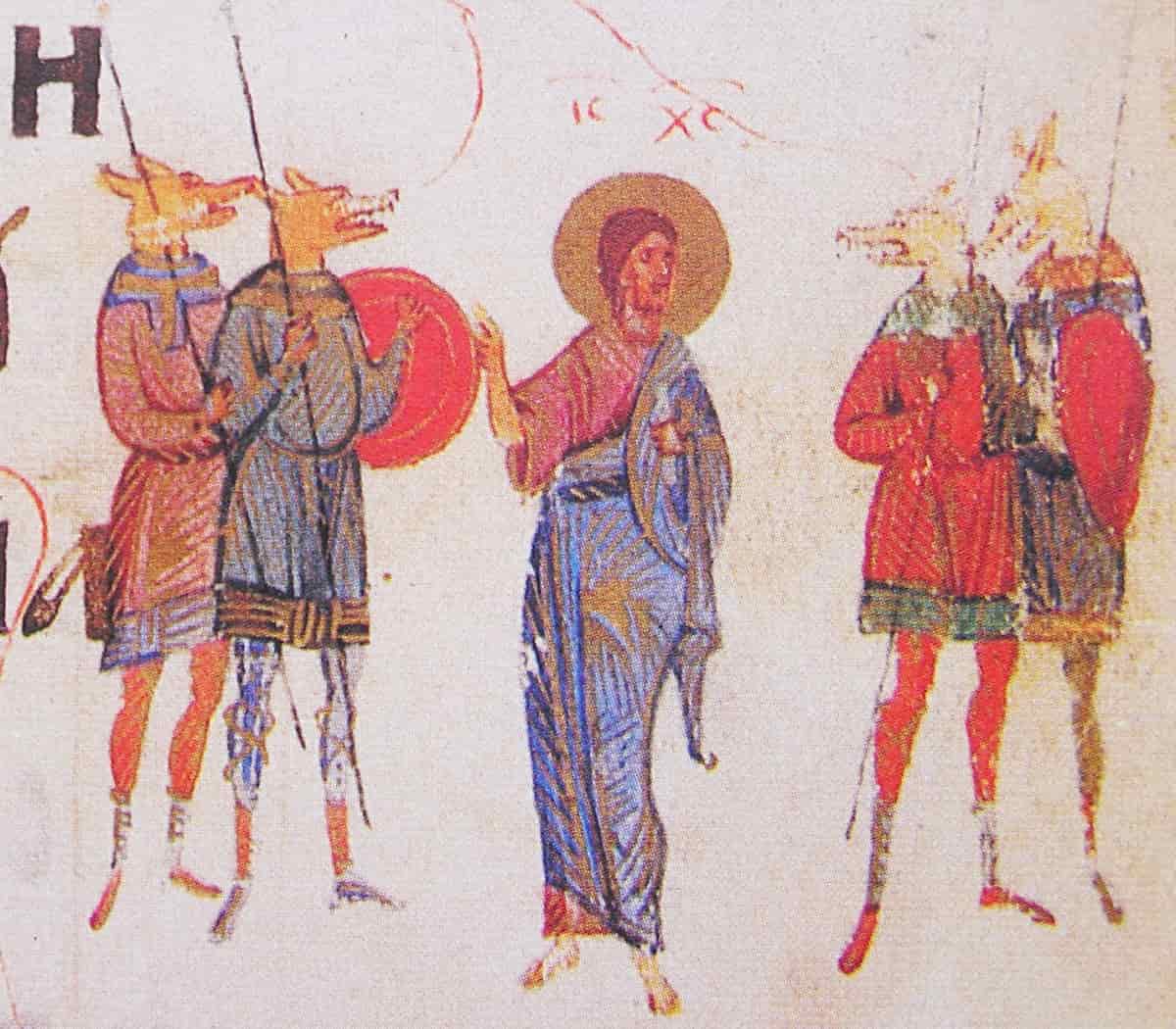 Cristo entre soldados cinocéfalos en un Salterio de Kiev de 1397 