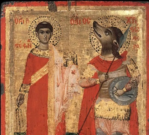 San Cristóbal, a la derecha, como soldado con cabeza de perro, según se representa en muchos iconos griegos y orientales