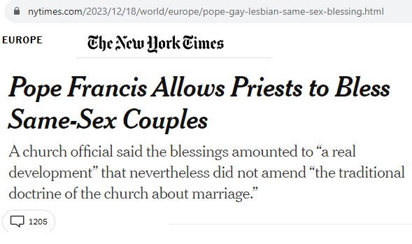 Portada del new York Times sobre las bendiciones católicas a parejas del mismo sexo
