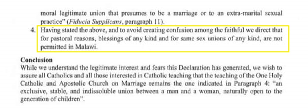 Texto de los obispos de Malawi prohibiendo las bendiciones especiales a parejas del mismo sexo