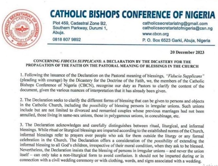 Declaración de los obispos de Nigeria sobre las bendiciones gays y Fiducia Supplicans