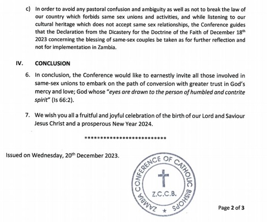 Declaración de los obispos de Zambia sobre las bendiciones gays y Fiducia Supplicans