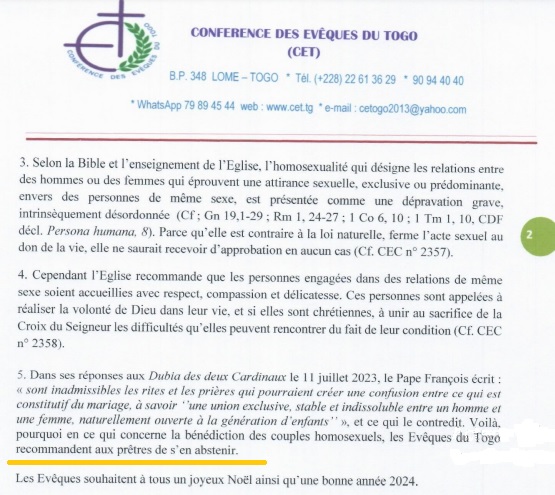 Declaración de la Conferencia de Obispos de Togo que pide a los curas que no hagan bendiciones a parejas del mismo sexo