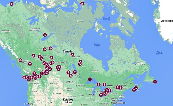 Ubicación y relación completa de las iglesias atacadas en Canadá tras el bulo de las tumbas.