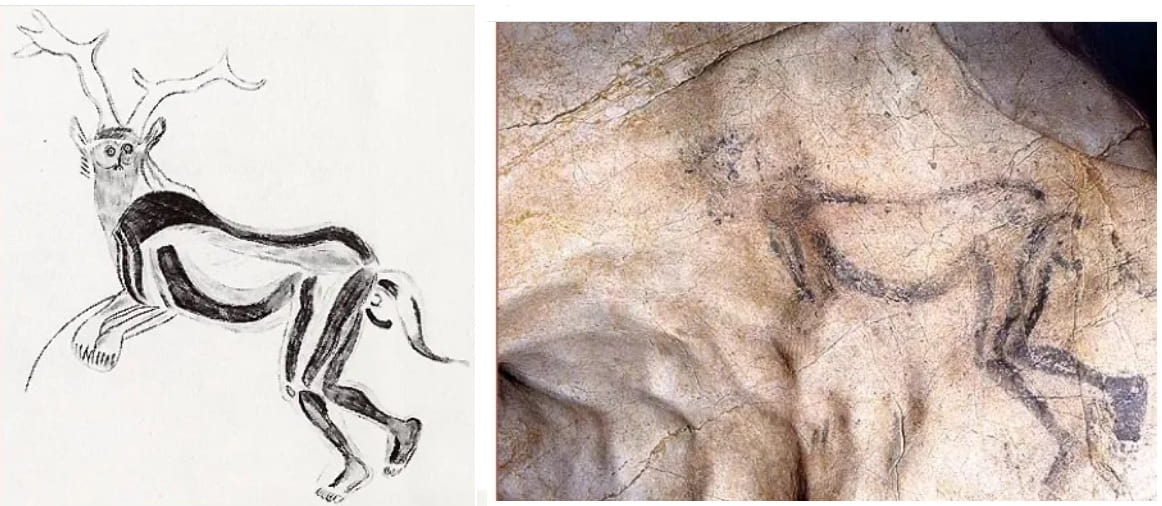 El supuesto hechicero de la cueva de Trois Freres y el dibujo que el padre Breuil hizo cuando lo descubrió