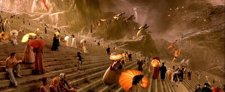 El Cielo en la película de 1998 Más Allá de los Sueños, con gente que vuela y se conoce en escaleras enormes