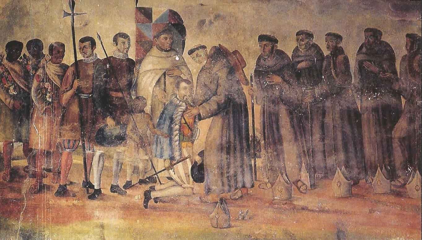 Hernán Cortes, acompañado de Fray Bartolomé de Olmedo, reciben a los doce primeros franciscanos