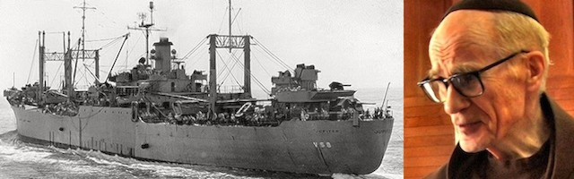 El padre Beda y el USS Jupiter, buque en el que sirvió como oficial durante la Segunda Guerra Mundial.