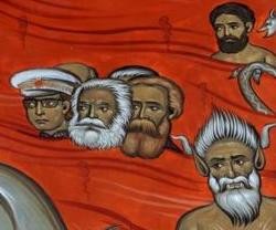 Marx, Engels y Tito, líder del comunismo yugoslavo, en el lago de lava