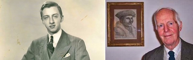 Dunstan Thompson, en una foto de 1936; a la derecha, Philip Trower bajo un retrato de Santo Tomás Moro.