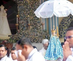 La Virgen de Madhu en una procesión - su santuario ha recibido multitudes de peregrinos de ambas etnias enfrentadas
