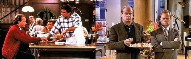 A la izquierda, junto a Ted Danson en Cheers; a la derecha, junto a David Hyde Pierce en Frasier.