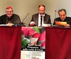 El cardenal Burke, sentado a la derecha de Riccardo Cascioli en la mesa presidencial del congreso.