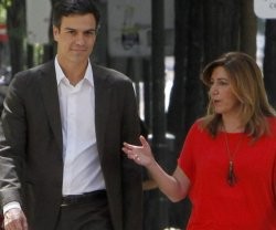 Susana Díaz y Pedro Sánchez en las pasadas elecciones andaluzas - ella, ex catequista, ya gobierna y no necesita promesas laicistas de Sánchez