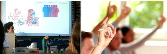La ayudante de Leo junto a la pantalla de clase con los gráficos de ideología de género explicada a padres de familia