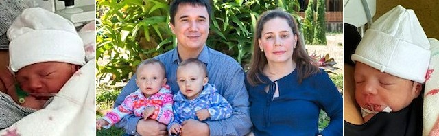 Carlos y Carolina y sus cuatro hijas: en la imagen del centro, ella ya estaba embarazada de las pequeñas.