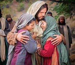 Jesús abraza a Marta y María tras la muerte de Lázaro