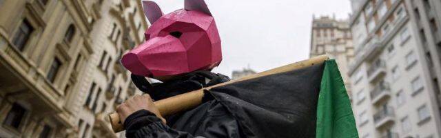 Activista antiespecista con máscara de animal
