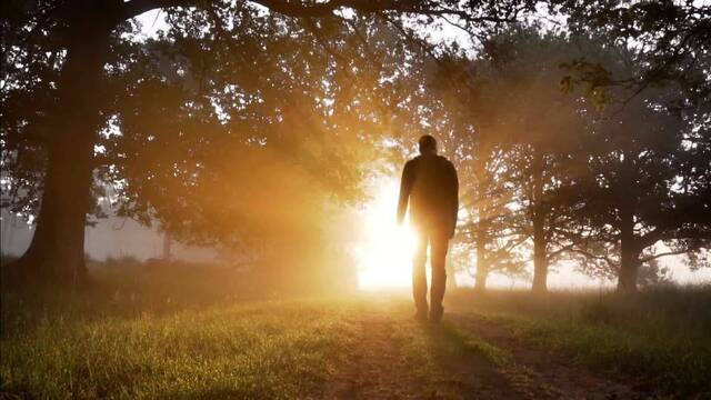 Un hombre pasea con el sol de frente.