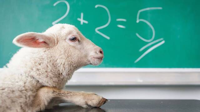 Una oveja ante una pizarra que pone 2+2=5.