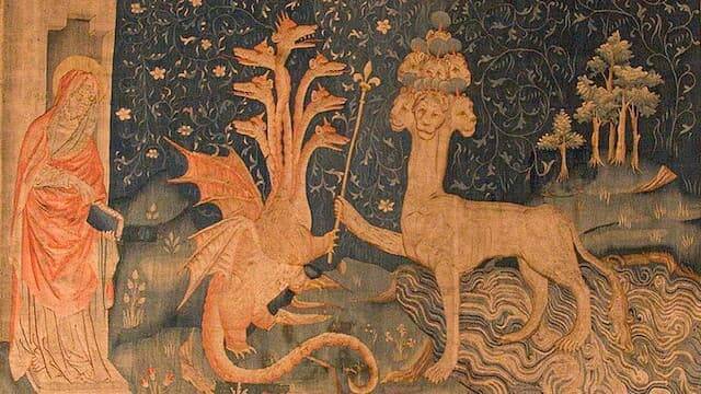 La Bestia del Mar, en los tapices del Apocalipsis de Angers (Francia), de finales del siglo XIV. Imagen: Wikipedia.