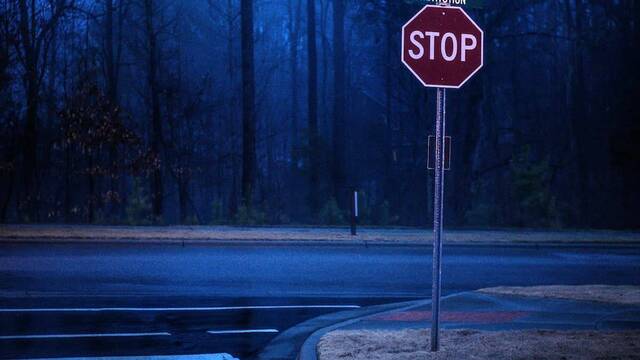 Señal de Stop en una carretera junto a un bosque.