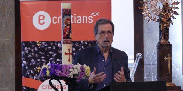 Josep Miró, presidente de E-Cristians, en un acto de la asociación en la parroquia del Pilar en Barcelona