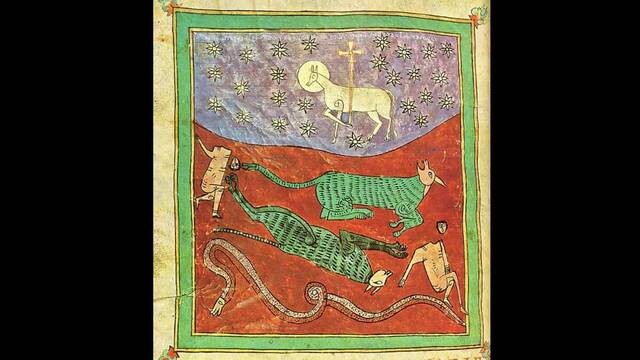 'El Cordero vencedor de las Bestia y de la Serpiente', códice de los comentarios del Apocalipsis del Beato de Liébana (730-798).