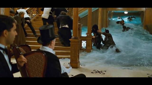 Escena del Titanic de un aristócrata asistiendo al naufragio.
