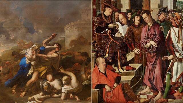 'Degollación de los inocentes' (detalle) de Luca Giordano (1663) y 'Cristo ante Pilatos' (detalle) de Francisco de Osona y Rodrigo de Osona (1490), Museo del Prado. 