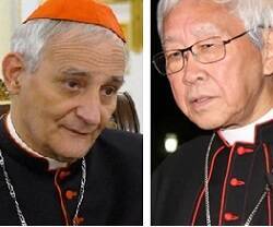 El cardenal Zuppi, presidente de los obispos italianos, y el veterano cardenal Zen, arzobispo emérito de Hong Kong