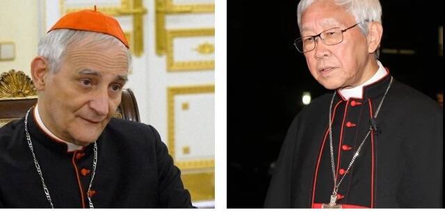 El cardenal Zuppi, presidente de los obispos italianos, y el veterano cardenal Zen, arzobispo emérito de Hong Kong
