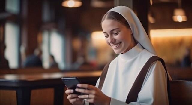 Una monja joven sonríe con su móvil