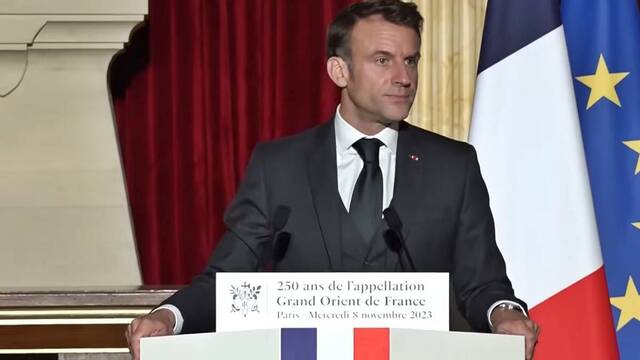 El presidente de Francia, Emmanuel Macron, se dirige al Gran Oriente de Francia el 9 de noviembre de 2023, con motivo del 250º aniversario de esta organización masónica.
