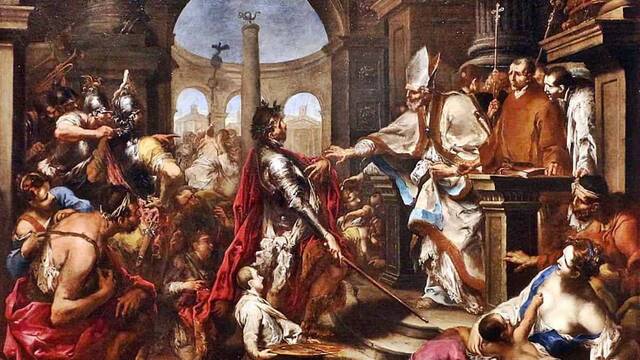 San Ambrosio expulsa de la iglesia al emperador Teodosio, instándole a penitencia: un cuadro de Alessandro Magnasco (1667-1749) que se conserva en el Art Institut de Chicago.