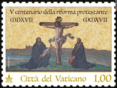 Sello emitido por el Vaticano en 2017, con las imágenes de Lutero y Melanchton, para conmemorar el quinto centenario de la Reforma Luterana.