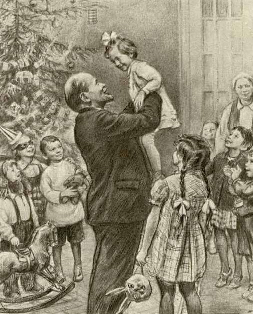 Dibujo de 1933, que se hizo clásico, sobre la escena de 1919 de Lenin jugando con niños con abeto al fondo.