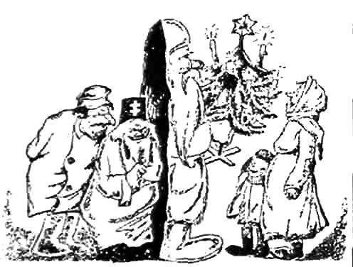 Los abetos con regalos son usados para introducir la  fe a niños y mujeres; detrás se oculta el  clero y otros turbios personajes; caricaturas soviéticas de 1930.