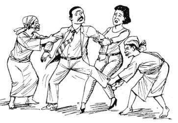 Caricatura de varias mujeres disputándose a un hombre tirando de él.