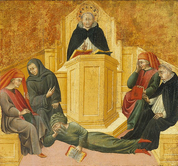 Santo Tomás de Aquino refutando a Averroes en un cuadro medieval de Giovanni de Paolo.