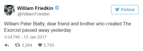 Tuit de Friedkin lamentando la muerte de Blatty.