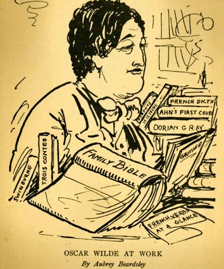 Oscar Wilde trabajando, dibujo de Aubrey Bearsley.